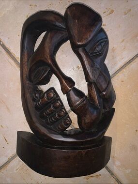 Hand-Carved Brown Abstract Wood Sculpture - Home Art